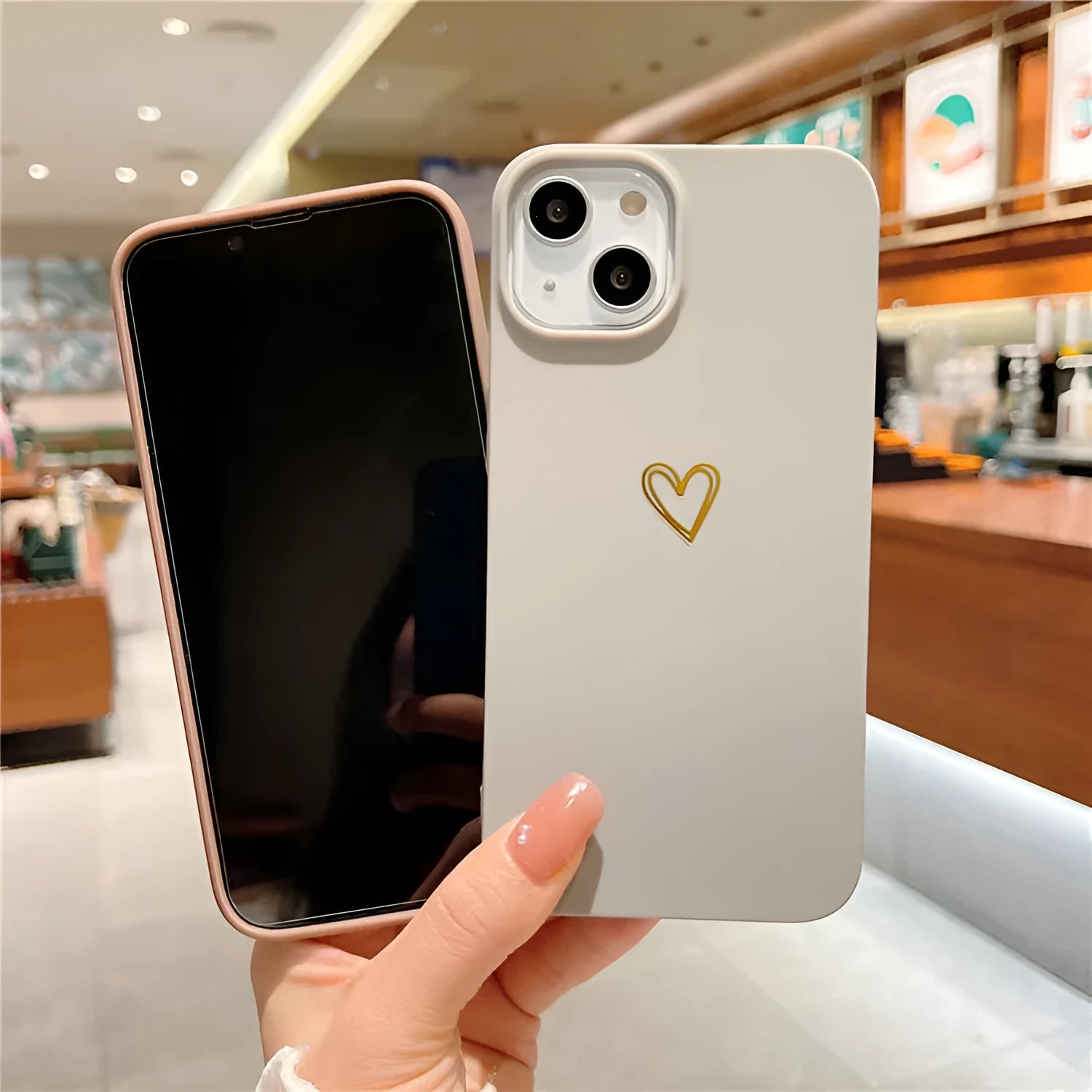 Brown soft silicone iPhone case with love design and minimalist Korean style