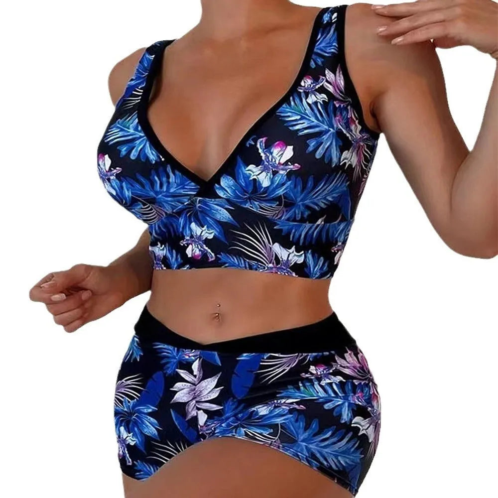 Women's two-piece swimsuit with printed boxer briefs and sleeveless top in polyester