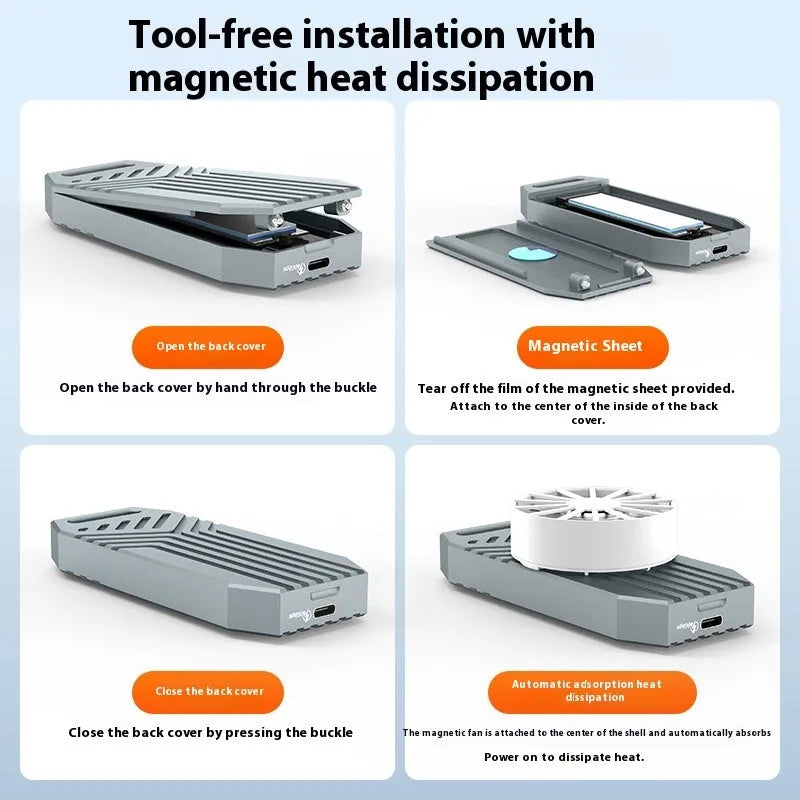 Thunderbolt 4 M2 SSD external enclosure in aluminium case showing compact dimensions and cooling fan option