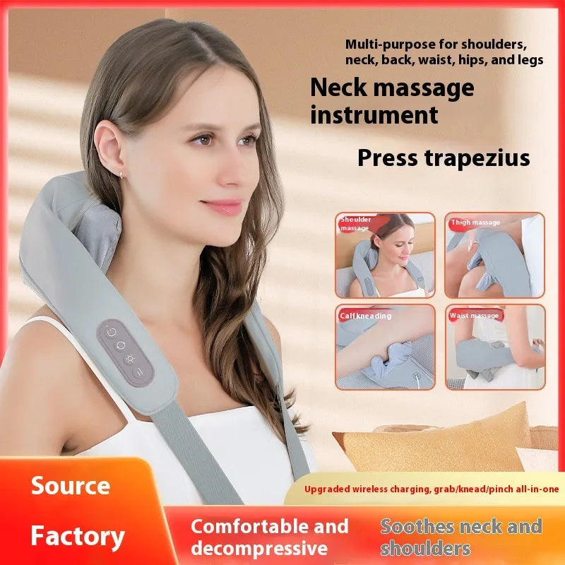 Grey elastic fabric neck massager with USB charging cable and infrared physiotherapy function