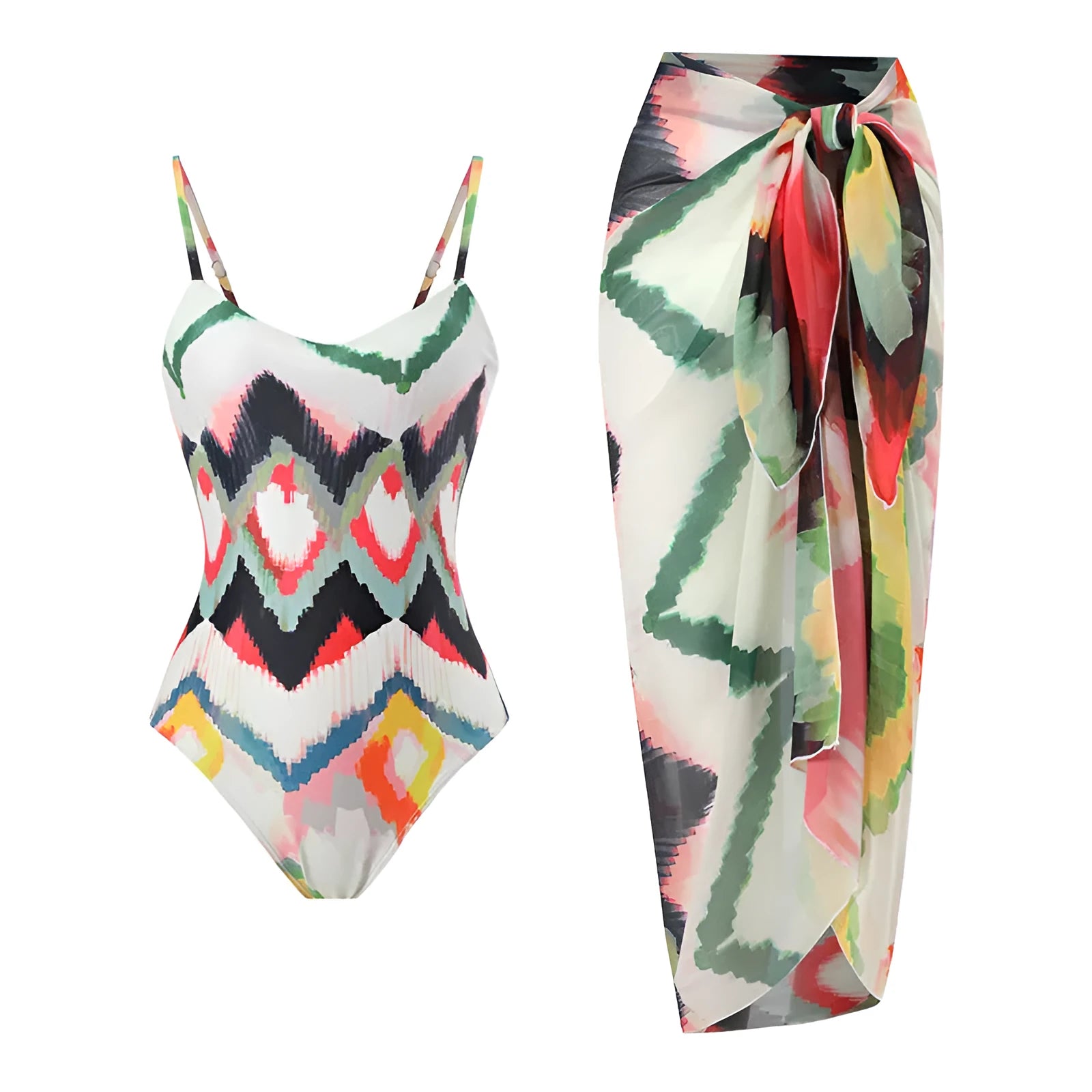 Women's striped two-piece swimsuit with matching hip skirt in gradient print
