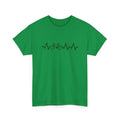 Green women's cotton T-shirt with a creative printed letter design on the front.