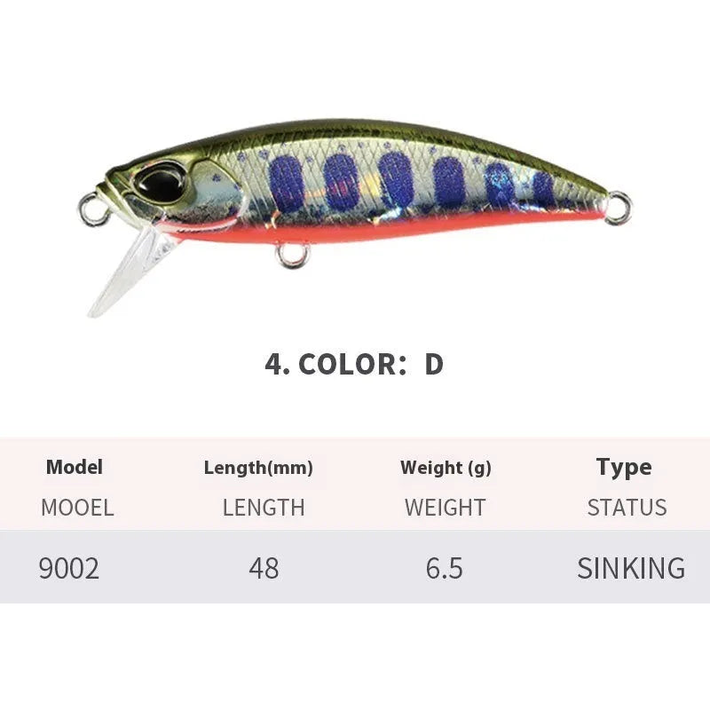 48mm submerged Mino fishing lure for mandarin fish and snakehead in multiple colour options