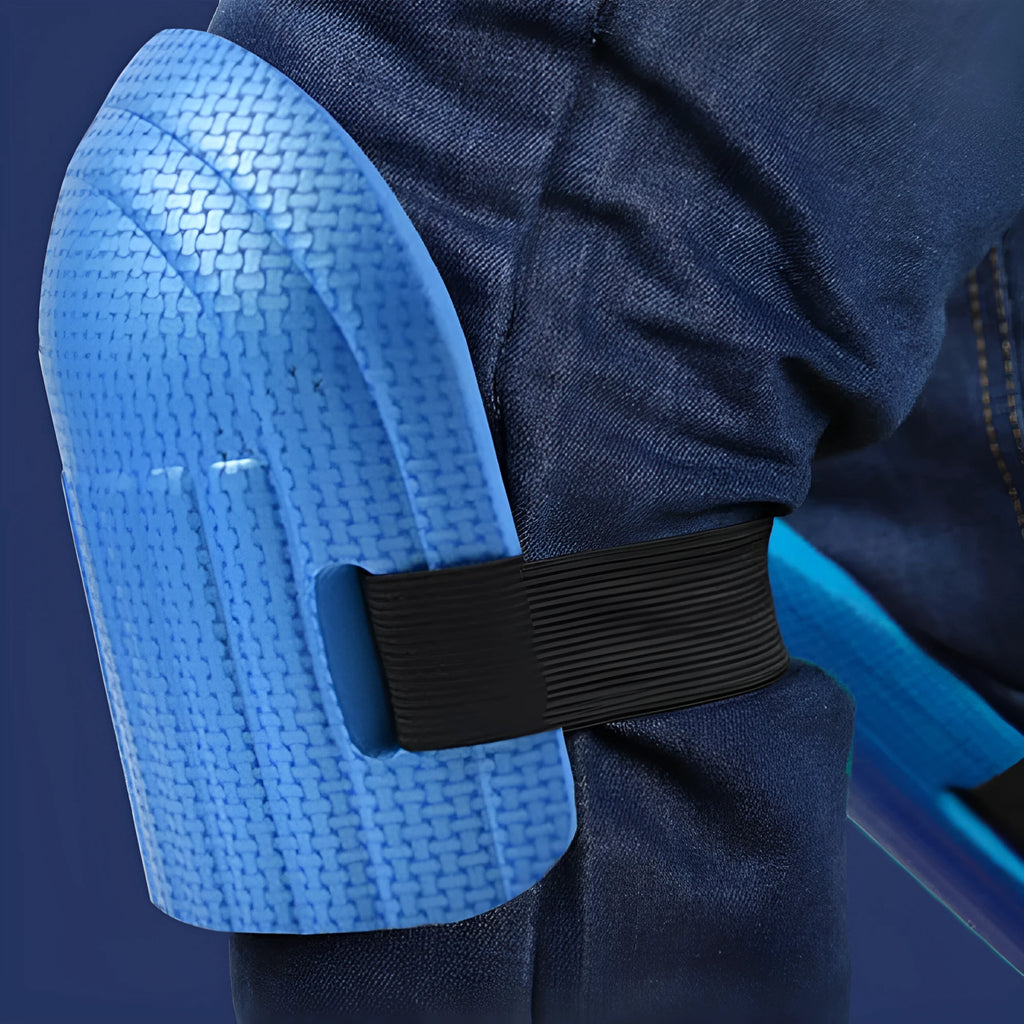 A pair of thick EVA foam kneepads in blue colour, for use on hard floors during auto repair or construction work.