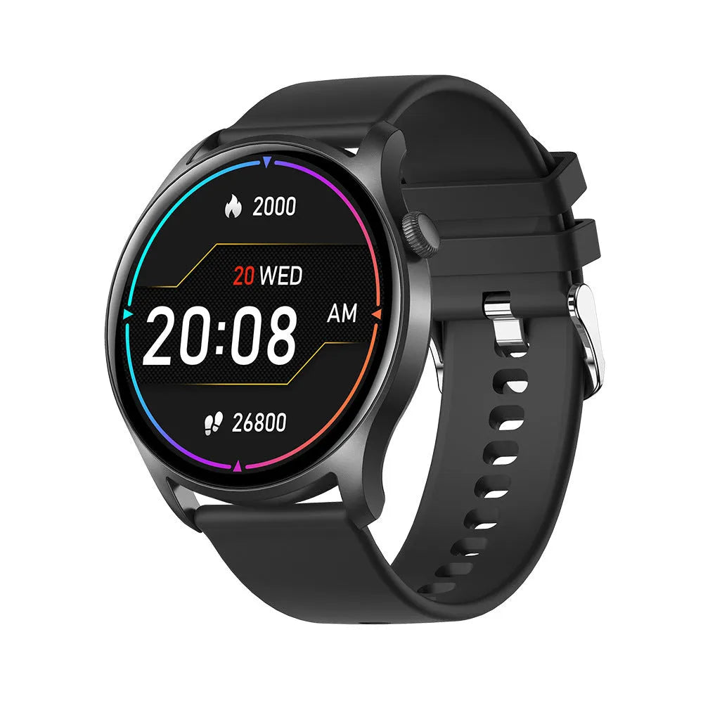 Bluetooth smart watch with 1.3-inch screen showing heart rate monitoring display on silicone wristband