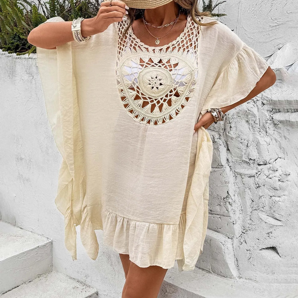 Women's crochet stitch patchwork skirt beach cover-up dress in apricot colour.