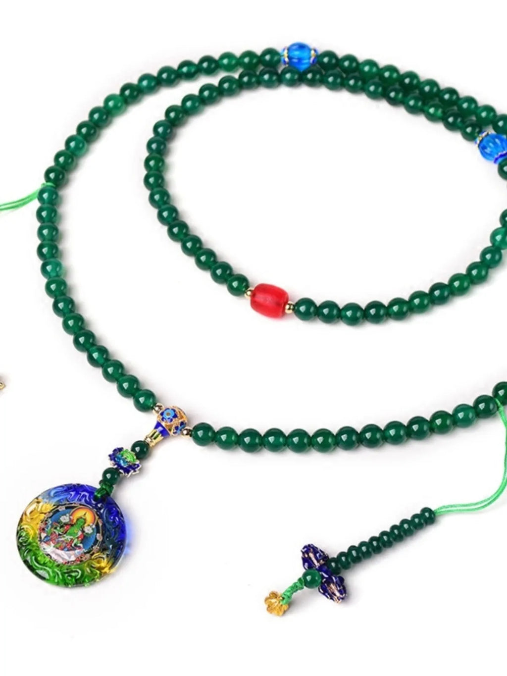 Handmade natural green agate 108 bead bracelet with pendant, showing Buddha beads or Thangka style options.