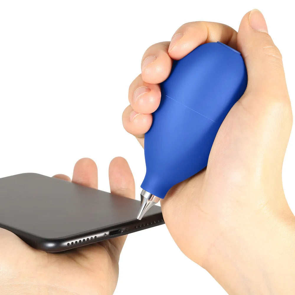 Blue rubber manual dust removal blower for cleaning cameras and mobile phones.