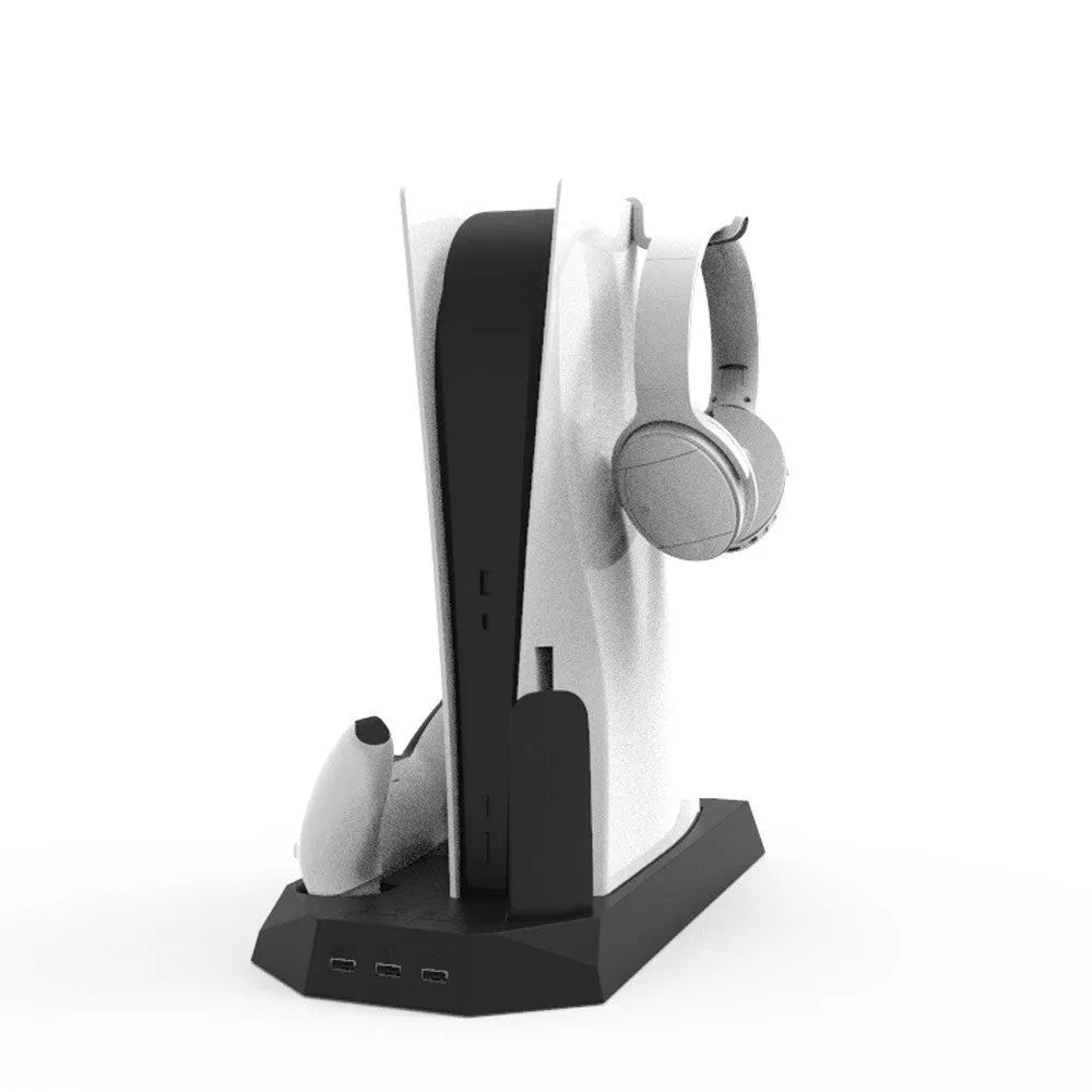 White PS5 charging base radiator with integrated headset hook and direct plug design