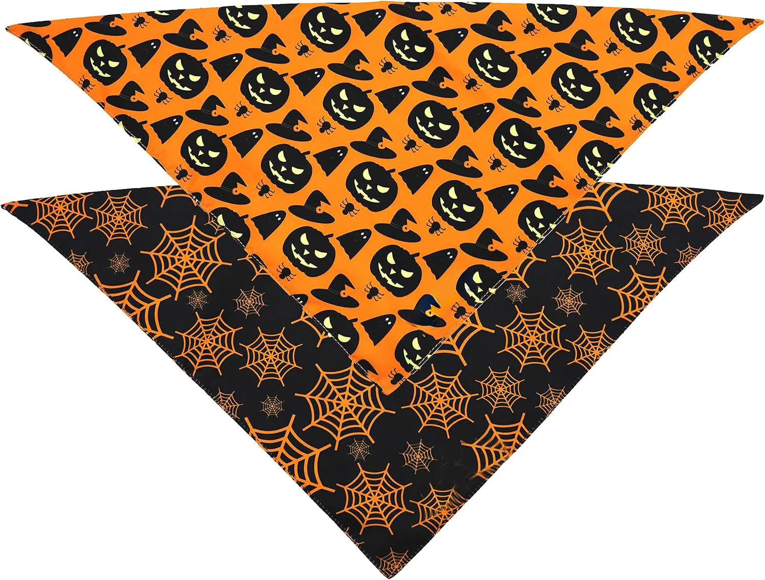 Black and orange reversible Halloween dog bandana with pumpkin and spider web patterns, adjustable for necks up to 16 inches