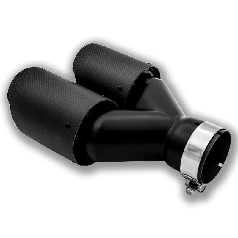 Black carbon fibre car exhaust pipe with double outlet design and 250mm tail nozzle