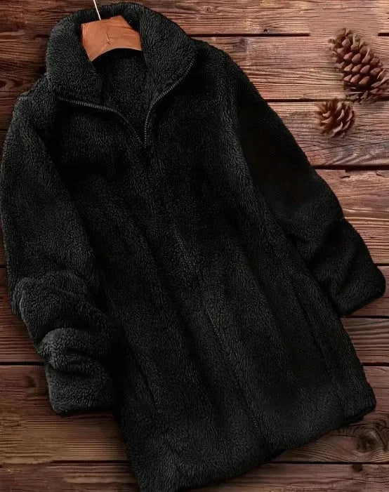 Reversible fleece-lined jacket in black, navy blue, or khaki colours showing double-sided polyester velvet fabric.