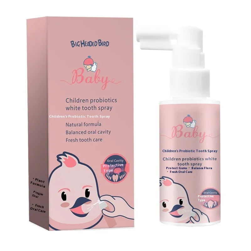 Children's probiotic teeth cleaning spray bottle in strawberry and orange flavours