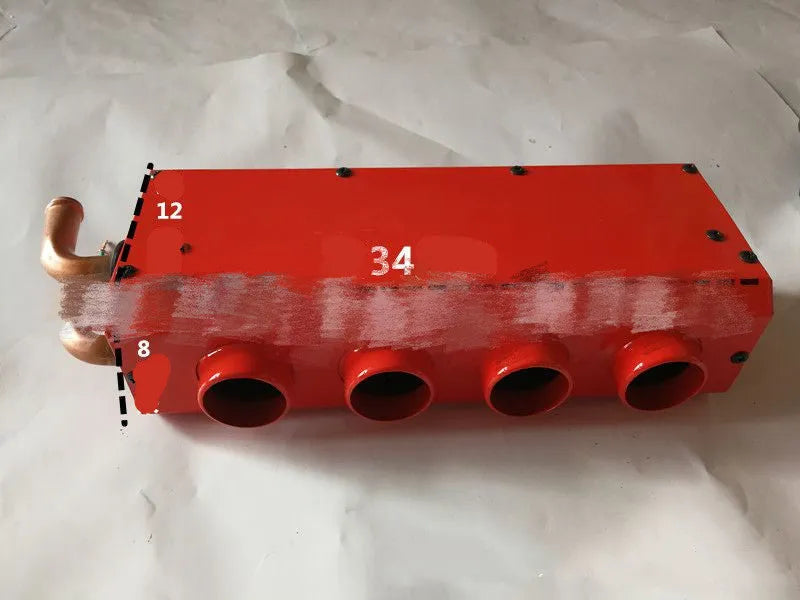 Metal car heater unit with copper pipes for 12V 24V vehicle cabin heating and defrosting.