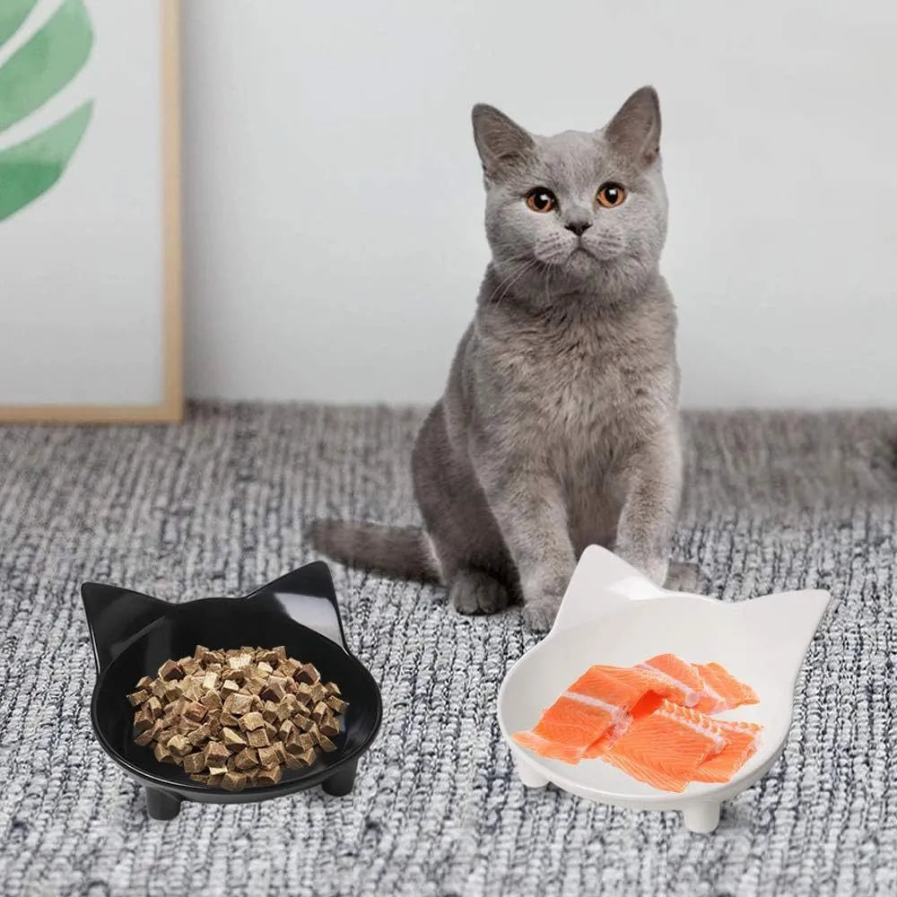 Shallow black or white melamine cat bowl with a non-slip rubber base on a table.