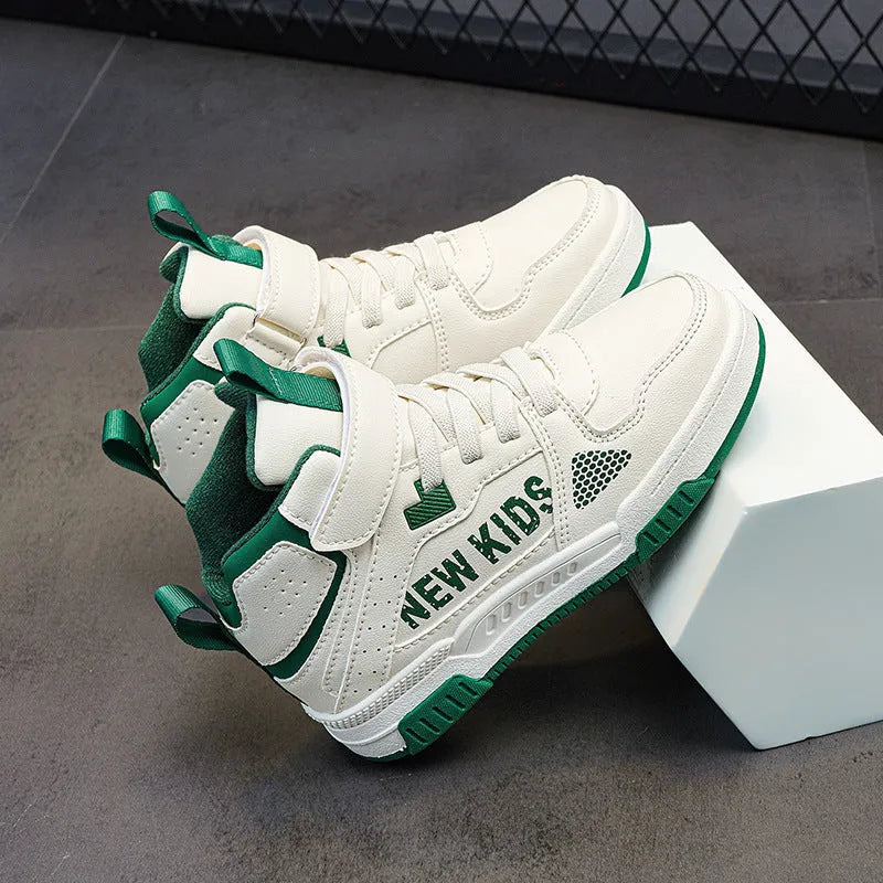 Children's street sneakers with buckle fastening, rubber soles, and letter pattern in beige green colour