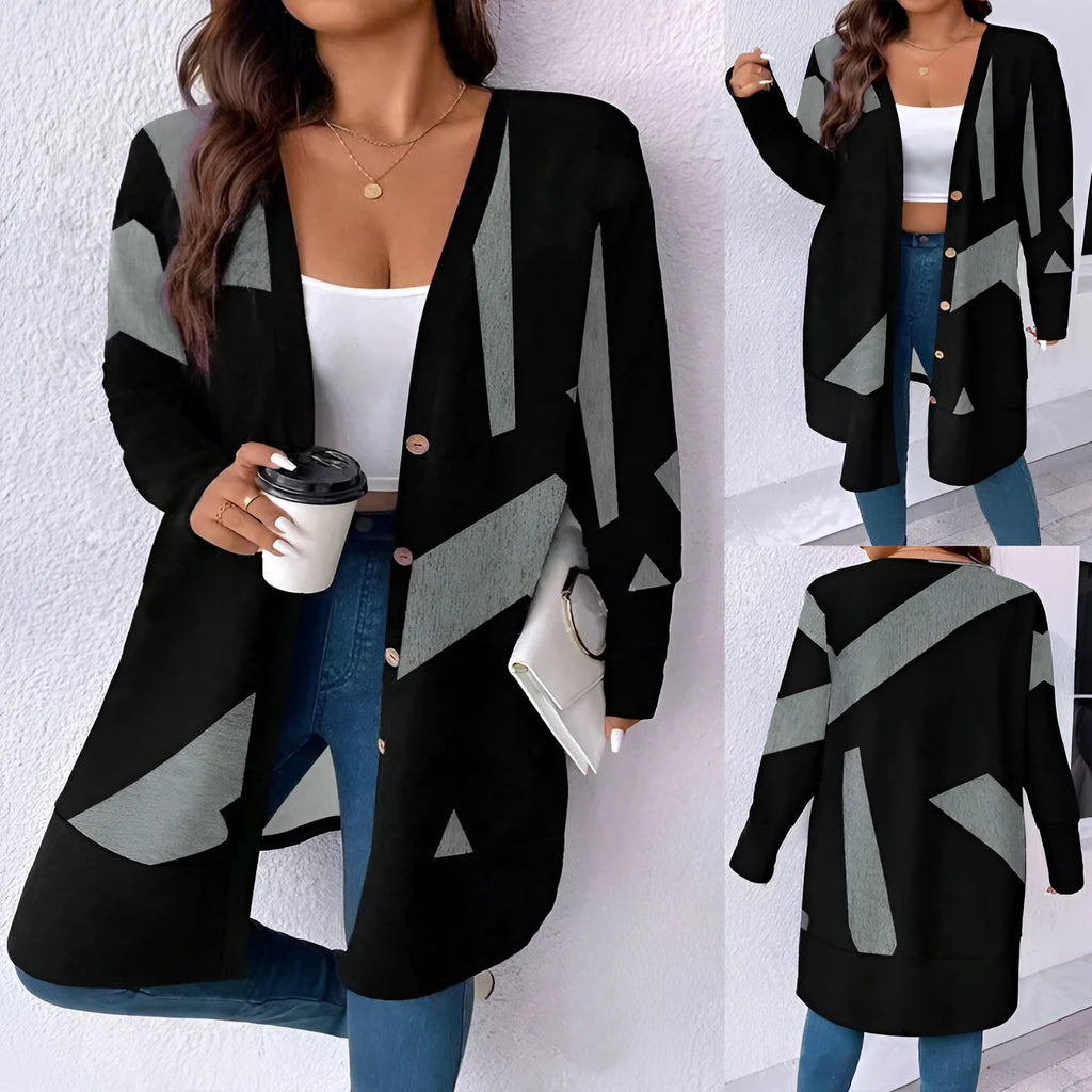 Black plus size casual cardigan with button stitching printing, loose fit regular sleeve design