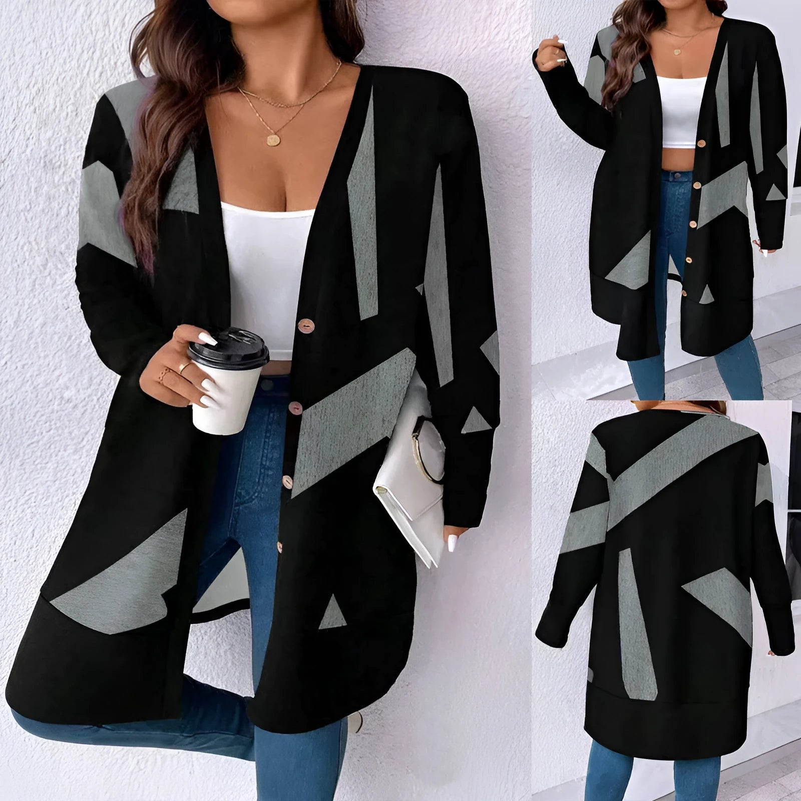 Black plus size casual cardigan with button stitching printing, loose fit regular sleeve design