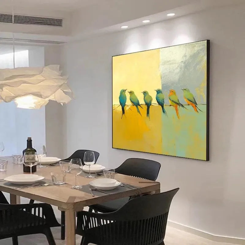 Hand-painted abstract oil painting of birds on a silver yellow background, square canvas unframed