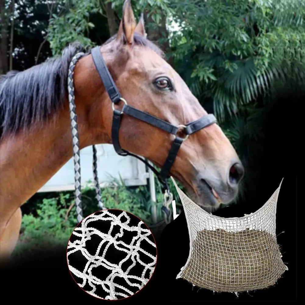 Black woven PE rope grid feeding bag hung on a fence, suitable for horses and cattle.