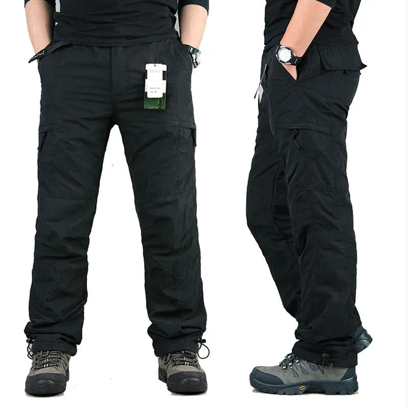 Men's thick velvet overalls with wool lining in khaki colour, showing straight leg and loose fit construction