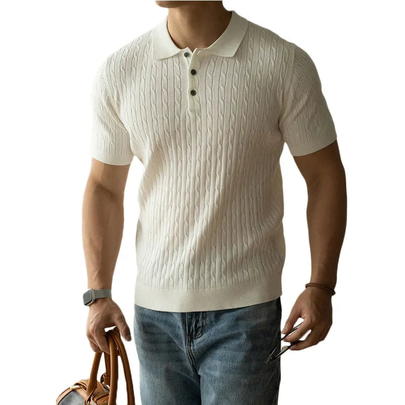Men's khaki short-sleeve business top on a hanger, showing front design.