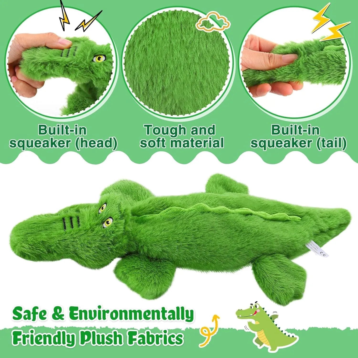 Green crocodile squeaky dog toy with no stuffing, crinkle paper tail, for aggressive chewers