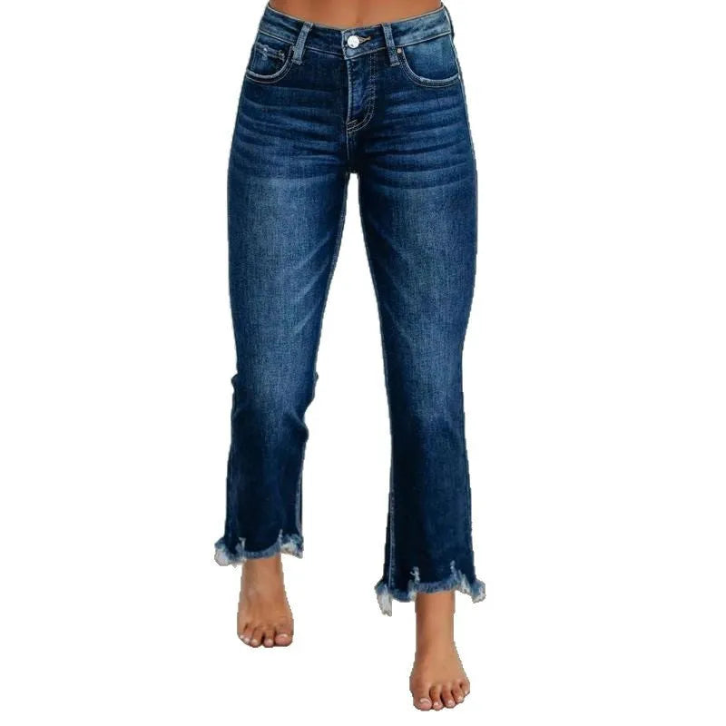 Casual women's denim trousers with hand-worn detailing in dark blue cotton fabric