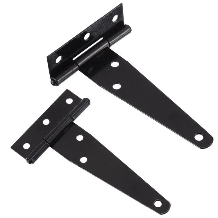 Iron T-hinge for wooden doors and outdoor gates, showing straight arm design and built-in mounting.