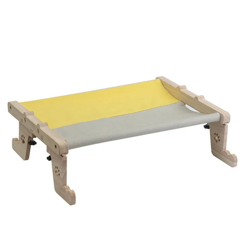 Wooden frame hanging cat hammock bed for balcony or window, suitable for cats and dogs.