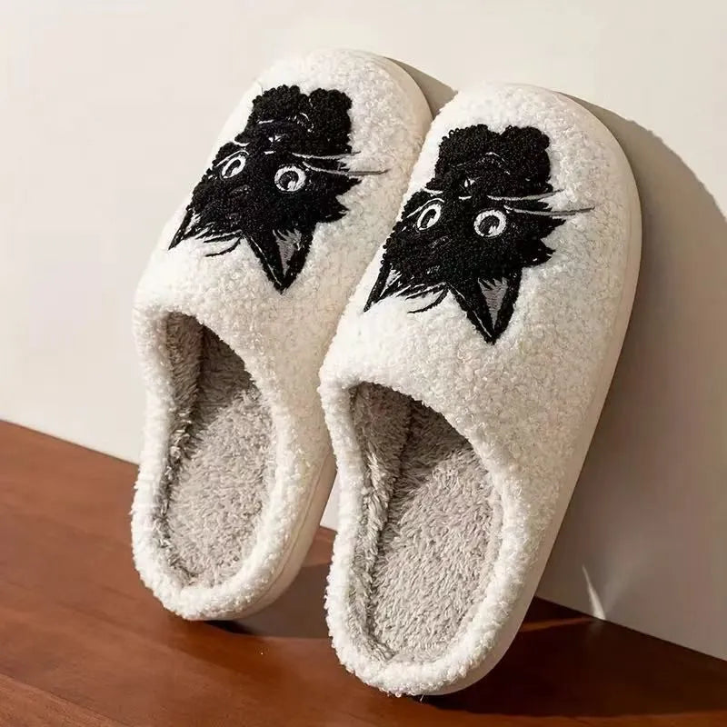 White plush cotton Black Beard Cat cartoon slippers with a non-slip sole for couples.