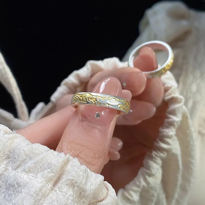 J14 Xiangyun pattern adjustable open ring in electroplated silver and gold on white copper