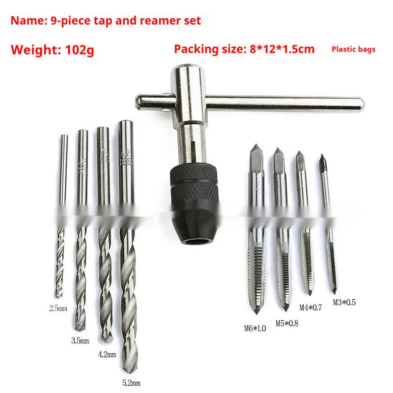 Thread tap and twist drill combination set with steel tap holder for manual tapping tasks