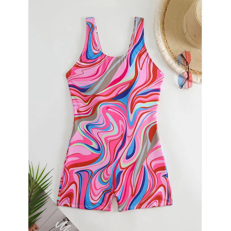 Women's printed polyester one-piece swimsuit with high-waist design and backless style