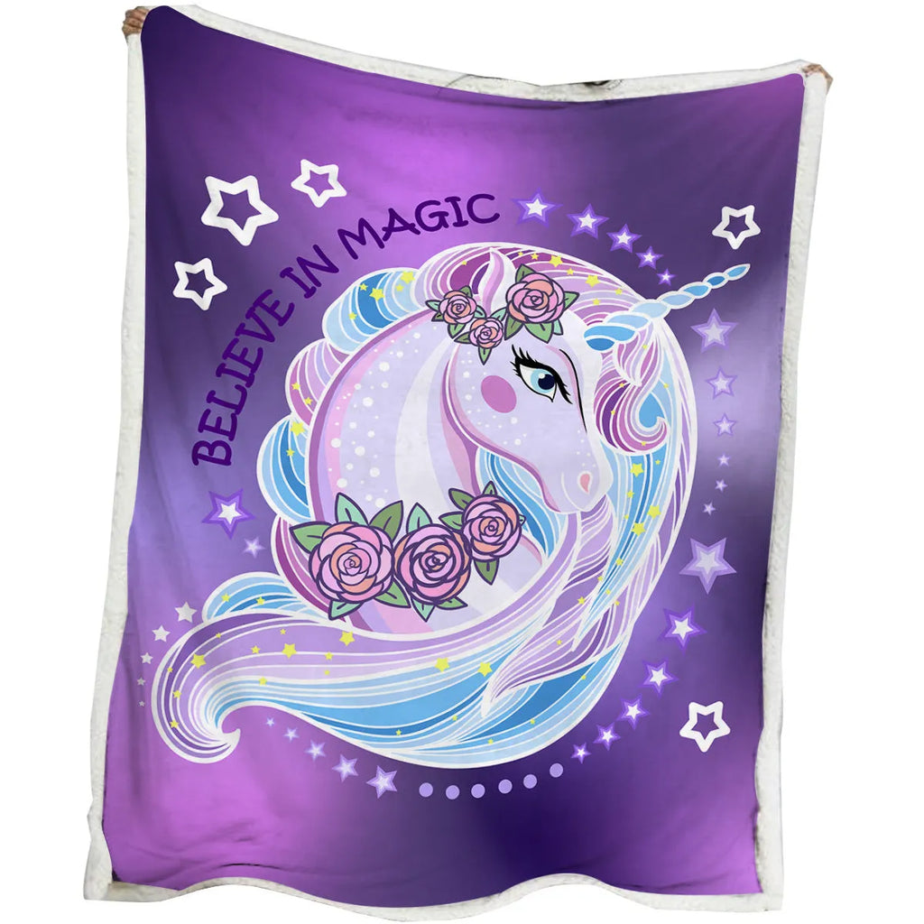 High weight soft warm unicorn themed purple lamb wool blanket on sofa