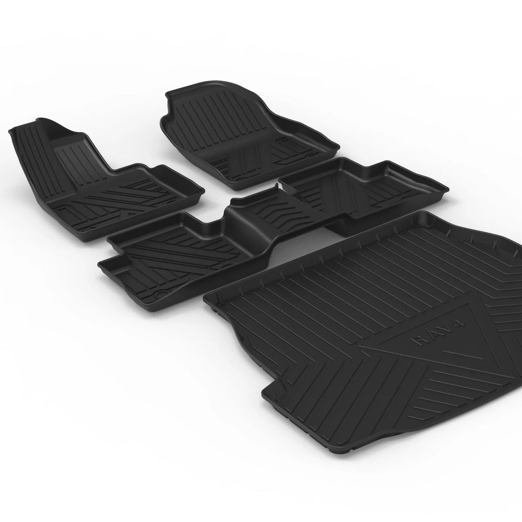 Black car boot liner with carbon fibre pattern, designed for a model-specific TPE tail pad fit.