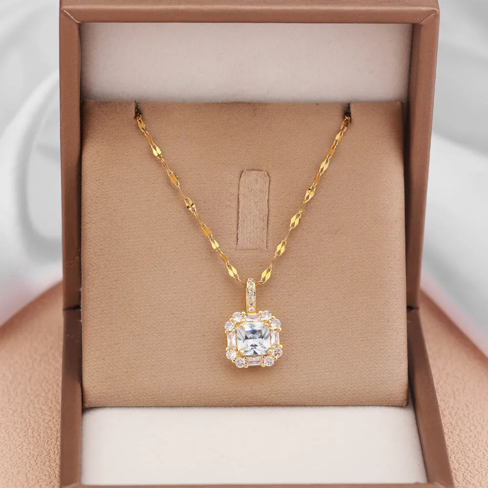 Women's titanium steel clavicle chain with geometric zircon and gem inlaid pendant in gold
