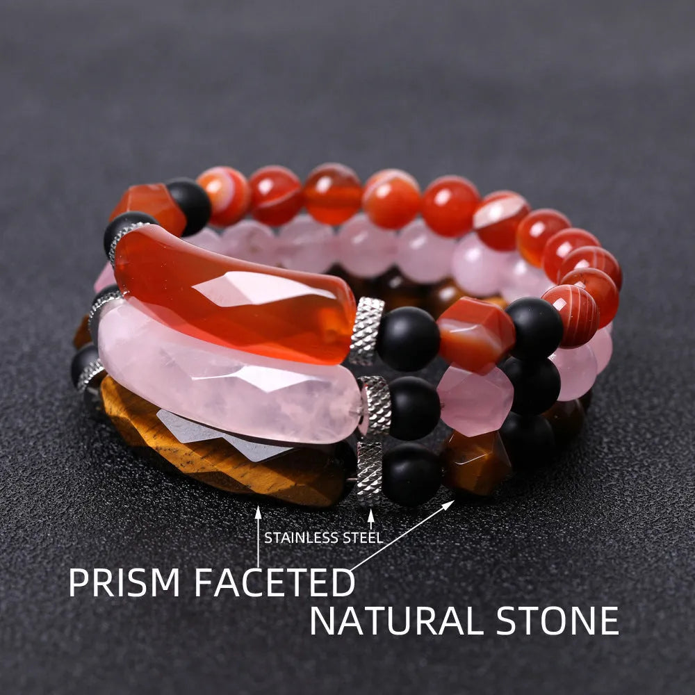 Handmade diamond-shaped cut black agate bracelet with geometric design and fan-shaped elements