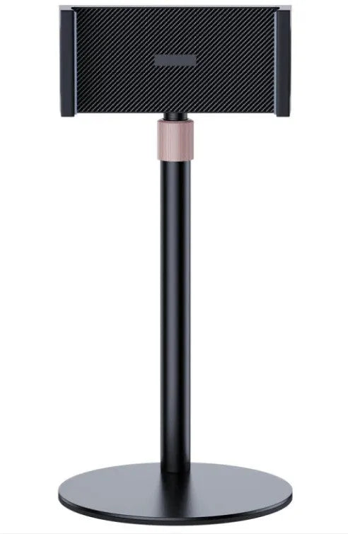Black adjustable metal tablet bracket holding an 11-inch tablet, showing extended telescopic arm.