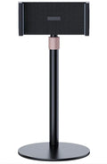 Black adjustable metal tablet bracket holding an 11-inch tablet, showing extended telescopic arm.