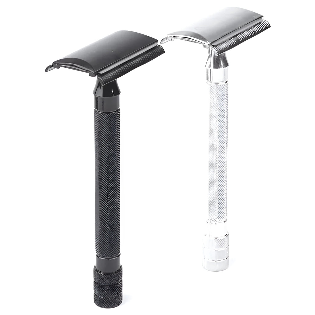 Traditional manual shaving razor with brush set on a black or silver handle