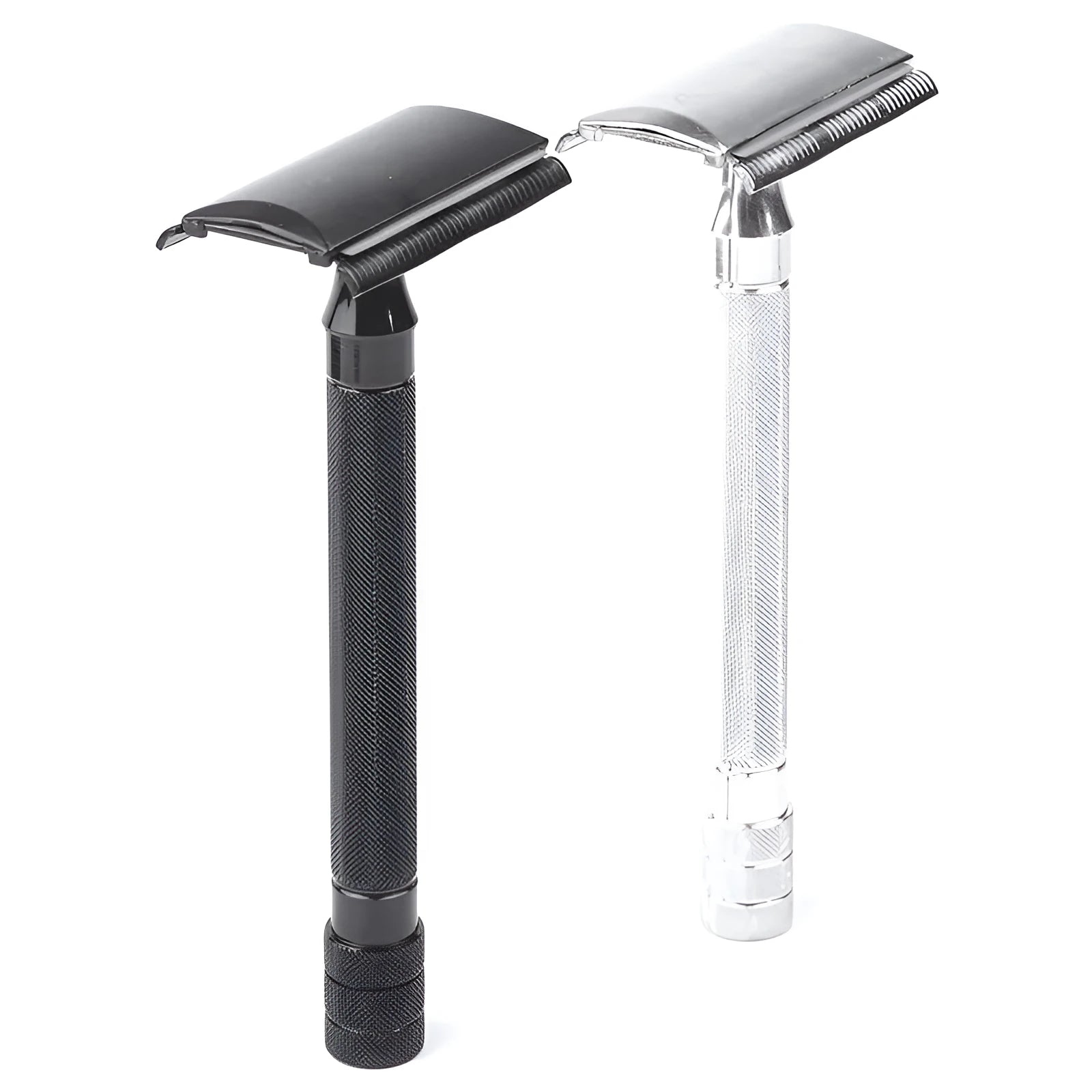Traditional manual shaving razor with brush set on a black or silver handle