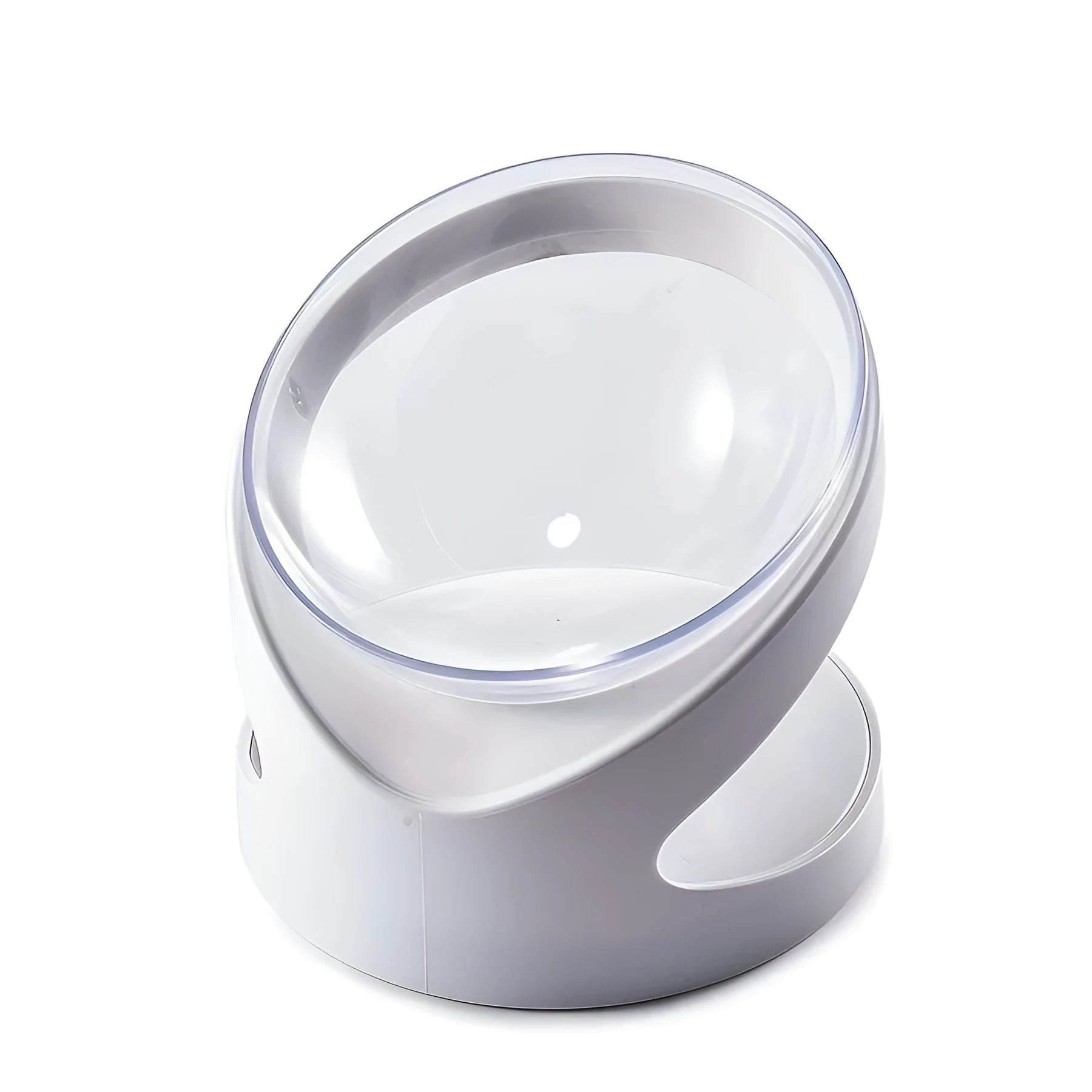 White elevated plastic cat food bowl with ergonomic tilt and anti-vomit design