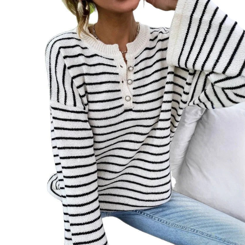 Black striped women's loose casual top with drop-shoulder sleeves and button detail