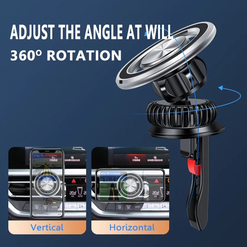 Silver magnetic car phone holder mounted on vehicle air vent with phone attached