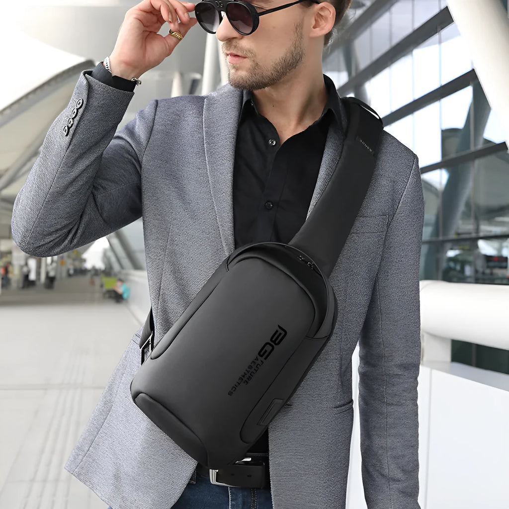 Men's black Oxford cloth shoulder bag with USB charging port for business travel