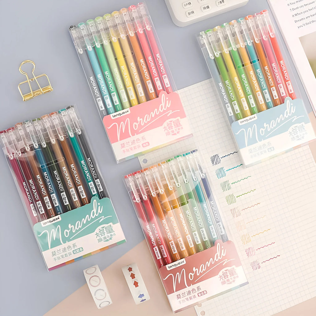 Set of nine Retro Hand Account gel pens with 0.5mm needle tips, shown in a choice of colour themes.