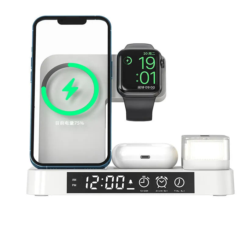White 4-in-1 foldable wireless charging station showing phone on stand, Apple Watch dock, and glowing RGB night light.