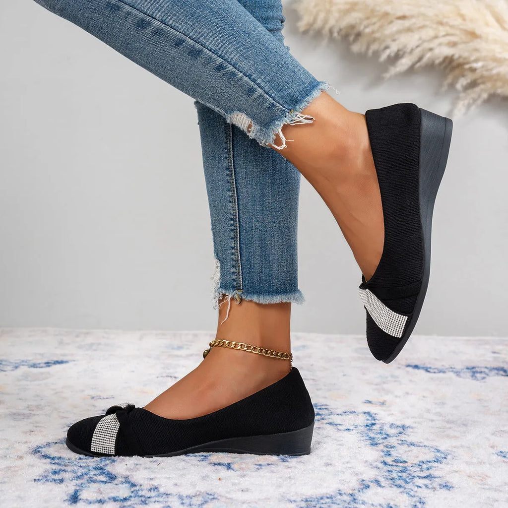 Black women's slip-on casual shoes with rhinestone detail and 6-8cm chunky heel