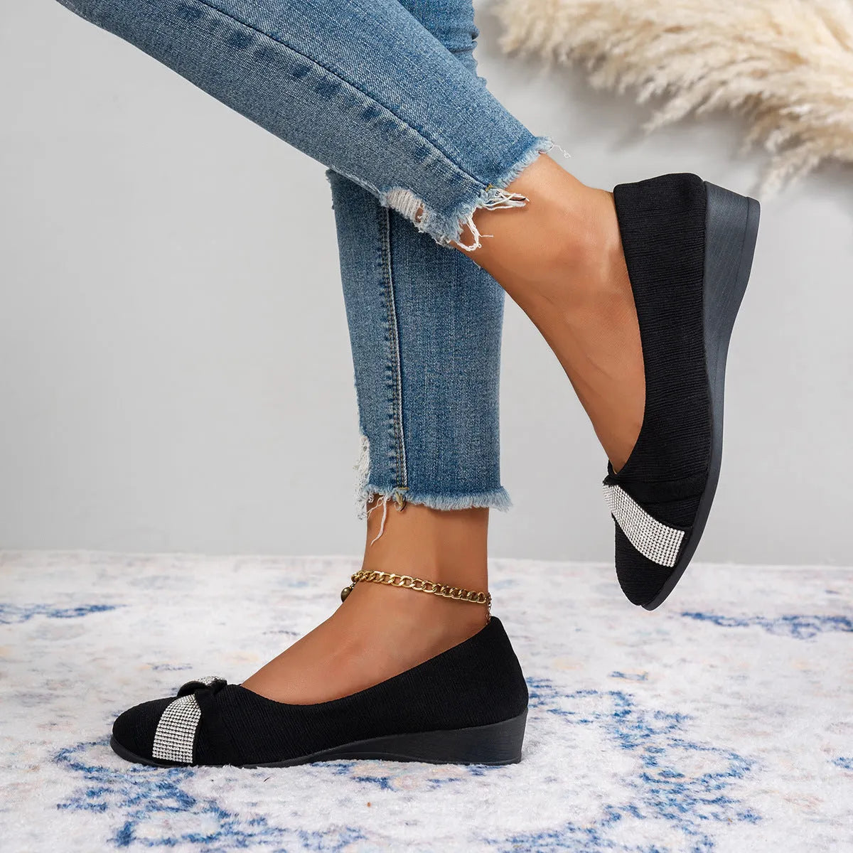 Black women's slip-on casual shoes with rhinestone detail and 6-8cm chunky heel
